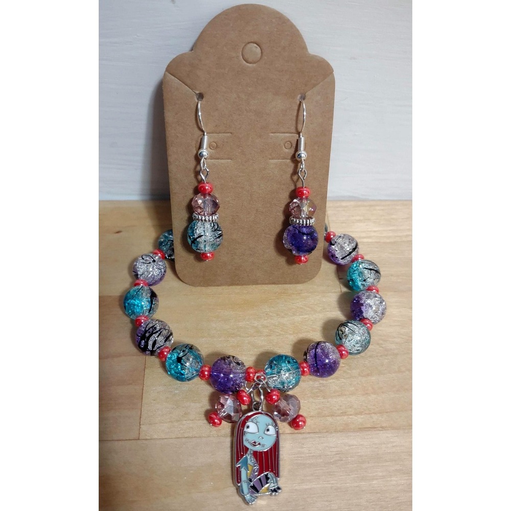 Sally Stitches Nightmare Before Christmas Jewelry Set Bracelet and Earrings Teal
